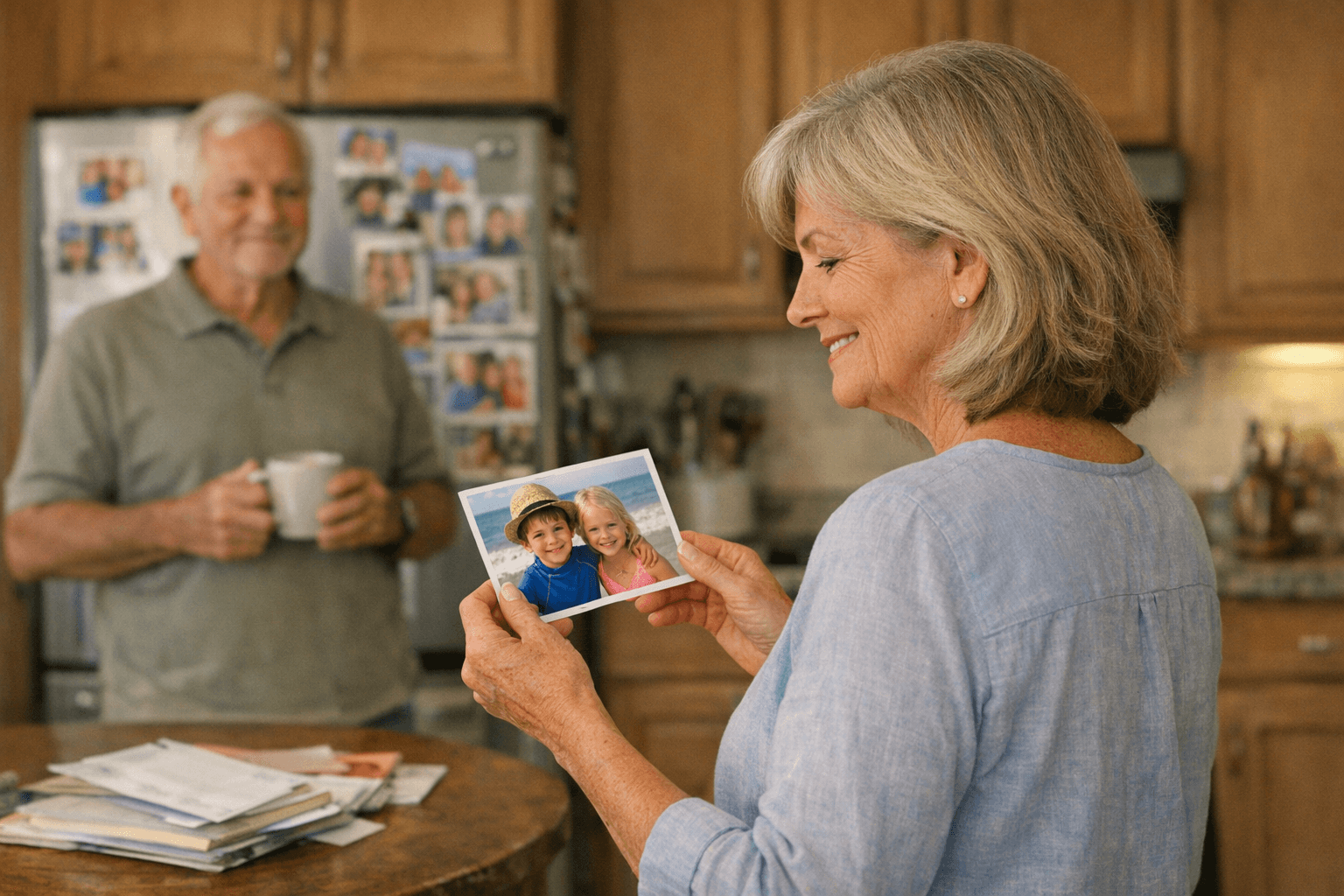 Grandmother smiling while holding a photo postcard of her grandchildren in the kitchen