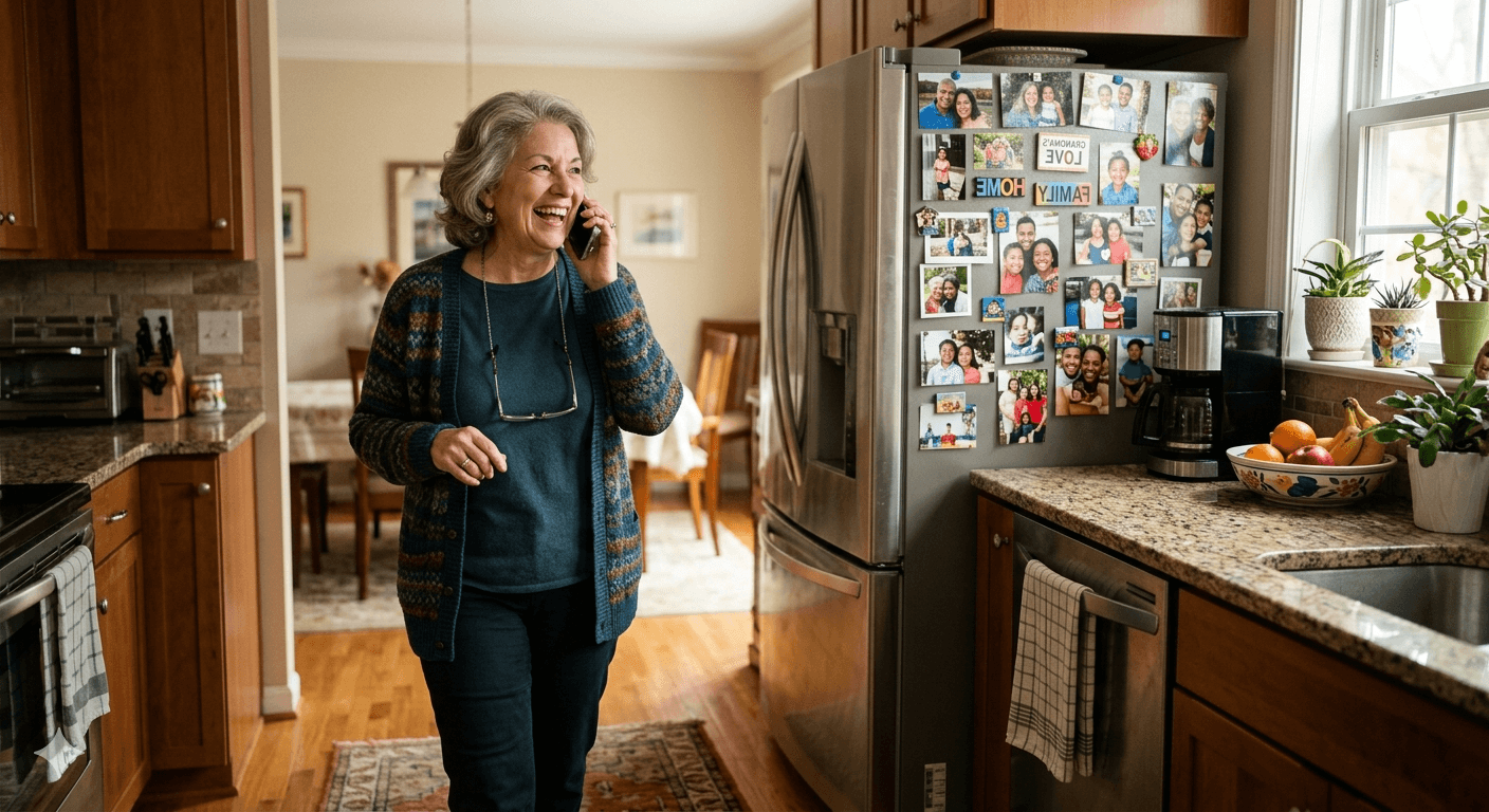 Grandmother recording her story in the kitchen
